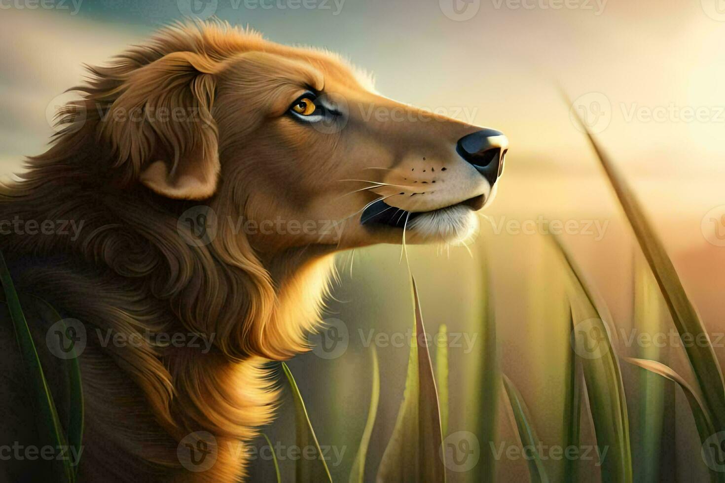 a painting of a dog in the grass. AI-Generated photo