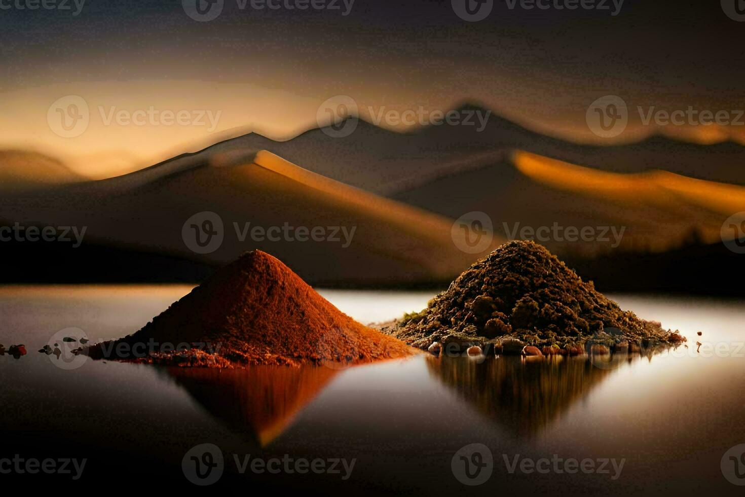 two piles of red powder sitting on top of a lake. AI-Generated photo