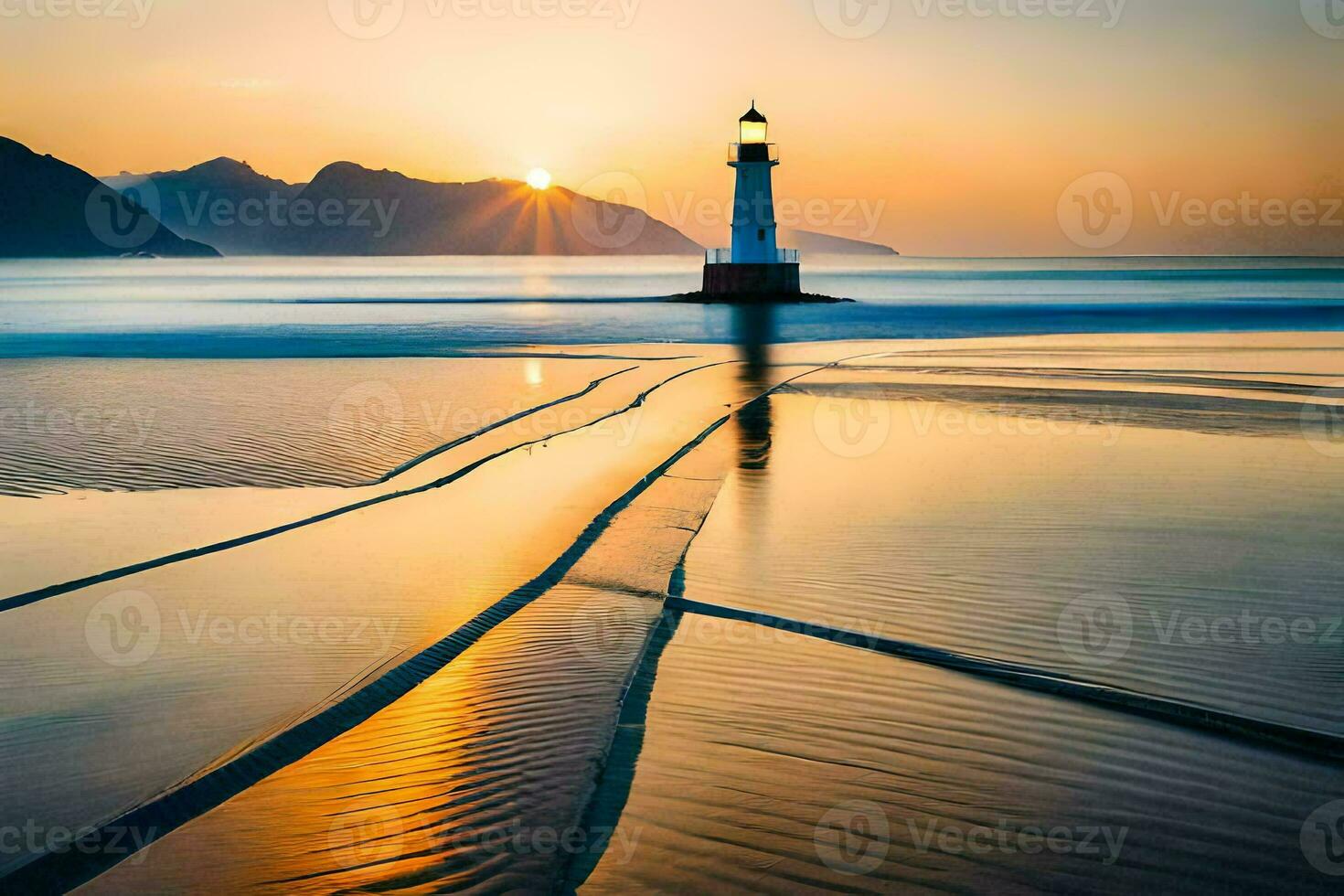 a lighthouse stands on the beach at sunset. AI-Generated photo