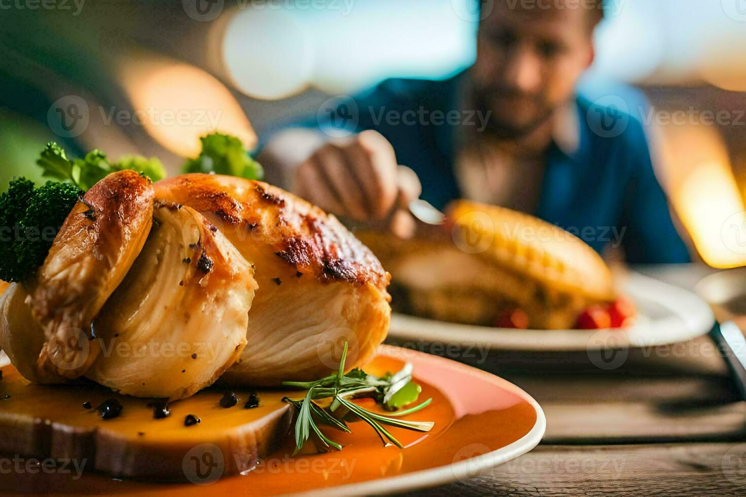 a man is eating a roasted chicken on a plate. AI-Generated photo