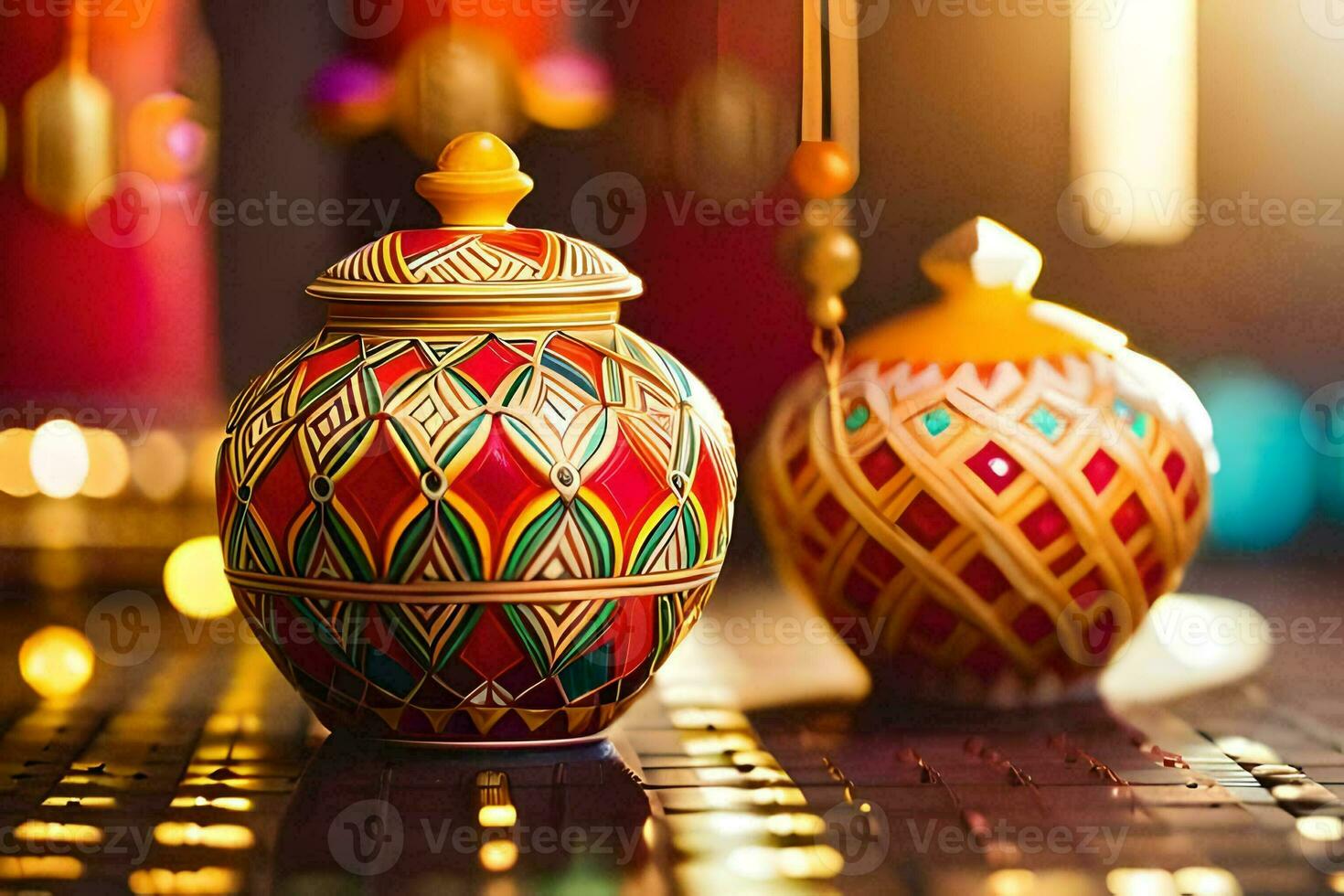 two colorful ceramic jars sitting on a table. AI-Generated photo