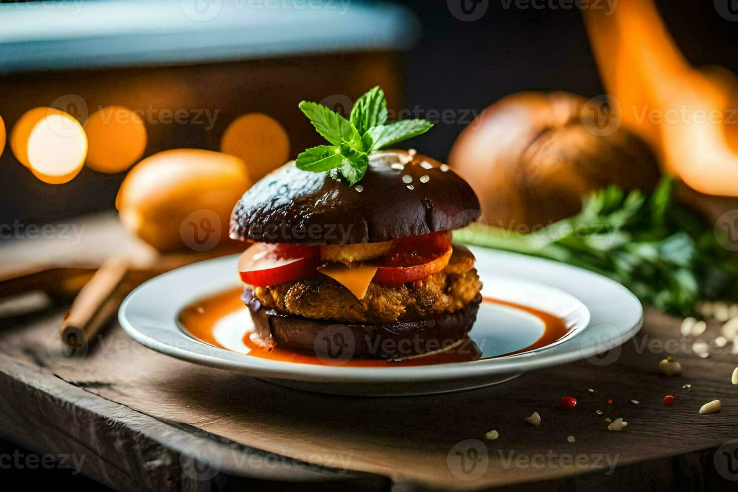 a burger with tomato, cheese and spices on a plate. AI-Generated photo