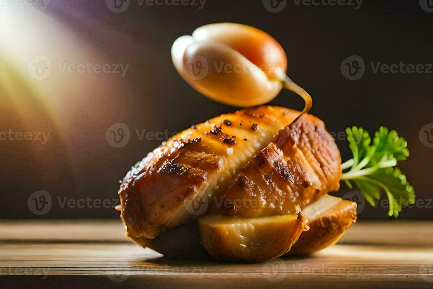 a piece of chicken is being dipped into a sauce. AI-Generated photo