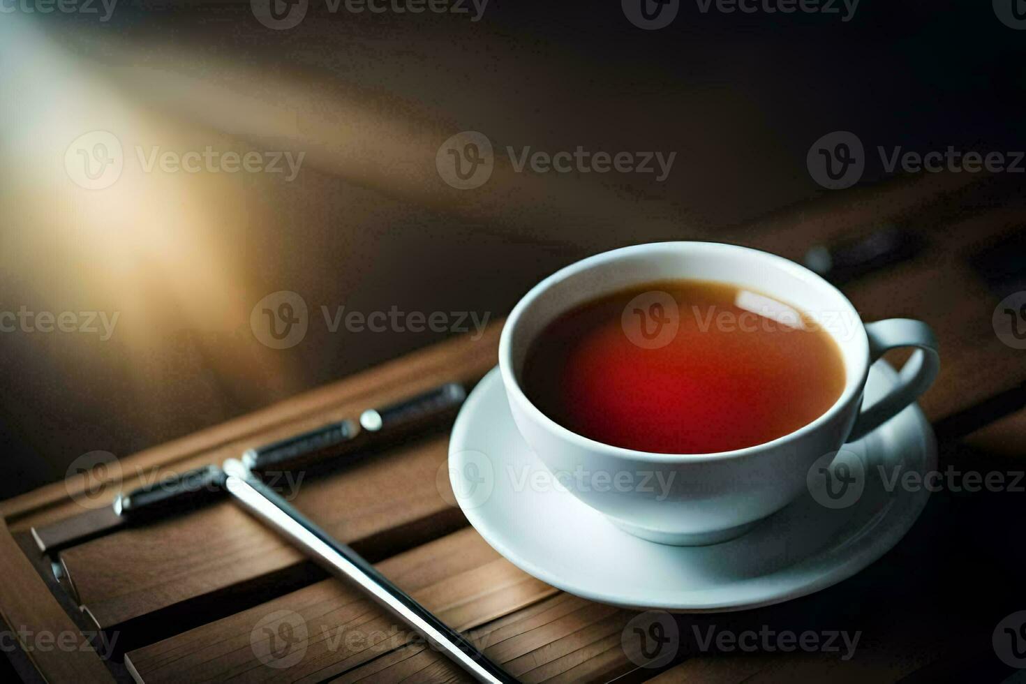 a cup of tea on a wooden table. AI-Generated photo