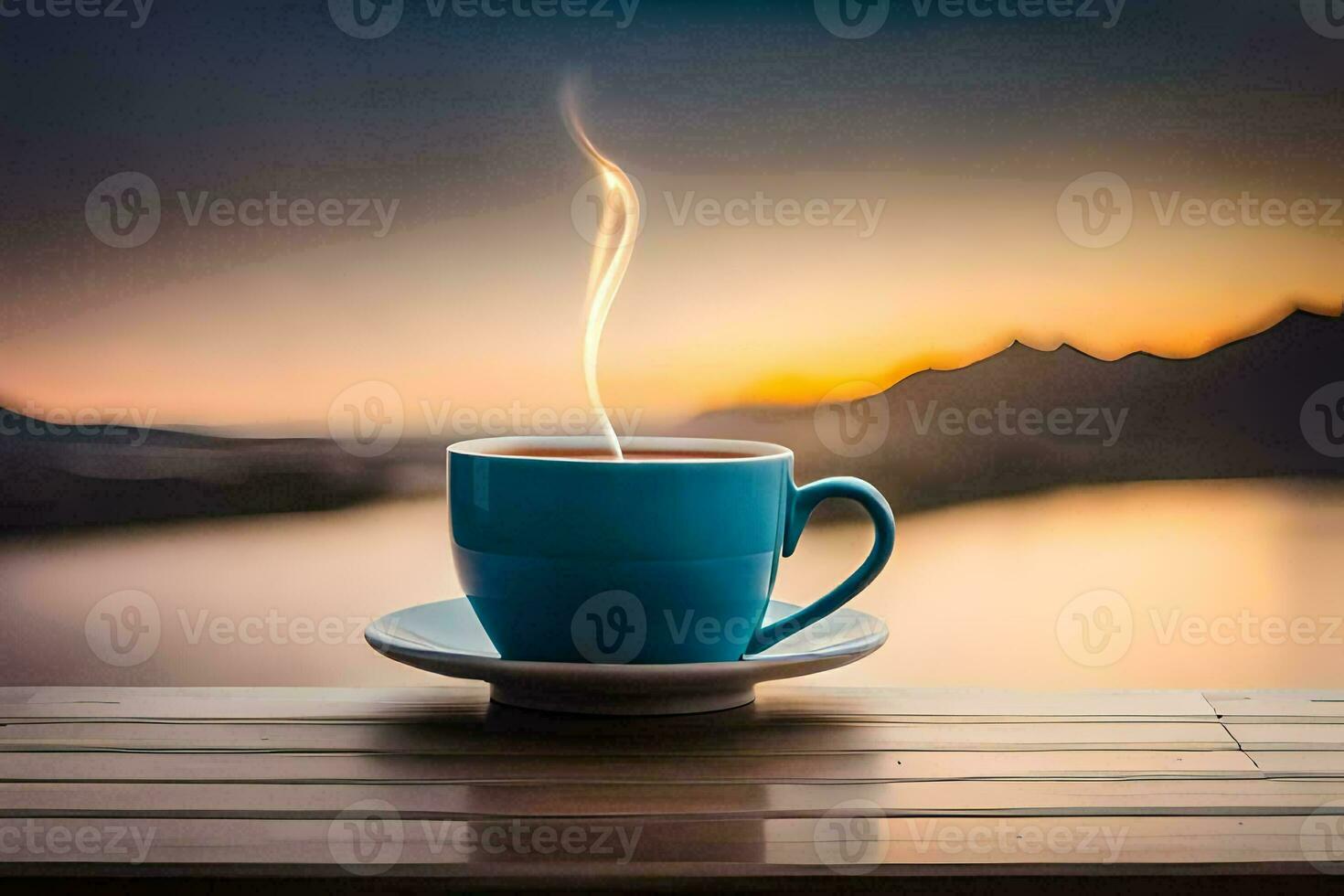 a cup of coffee on a wooden table with a view of the sunset. AI-Generated photo