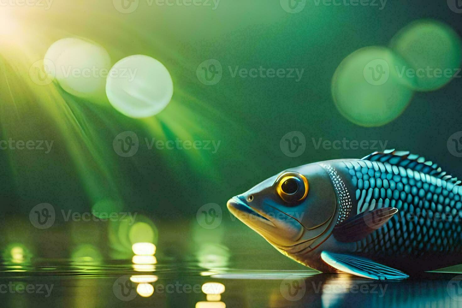 a fish is sitting on the water with a bright light. AI-Generated photo