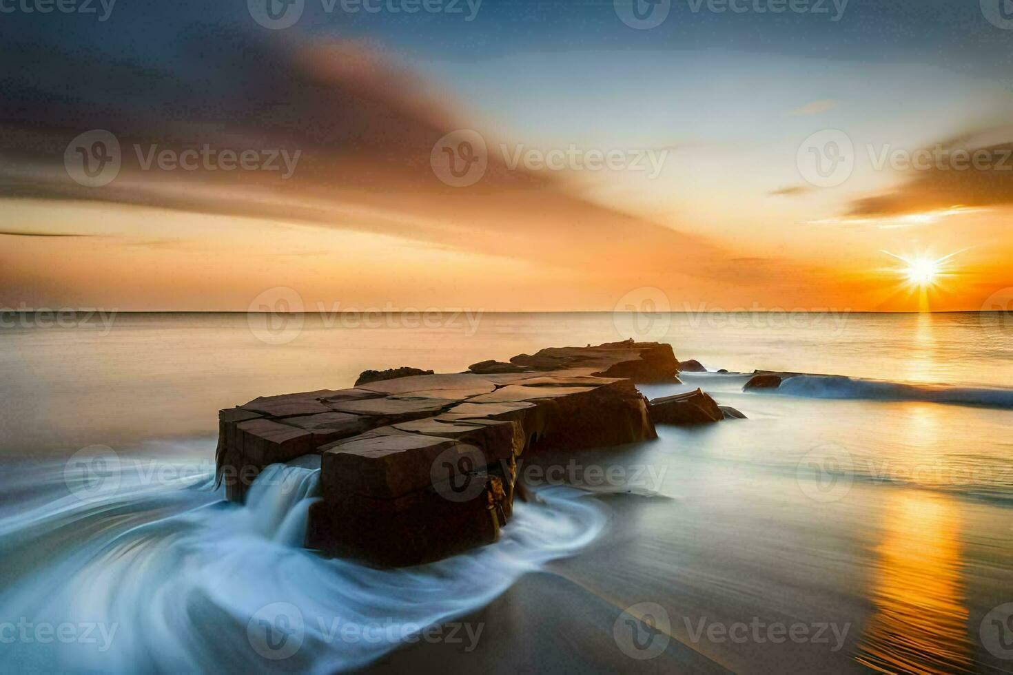 a long exposure photograph of a rock in the ocean. AI-Generated photo
