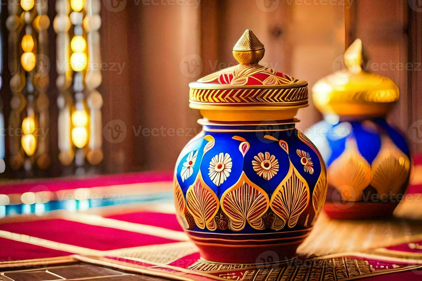 two colorful vases sitting on a table. AI-Generated photo