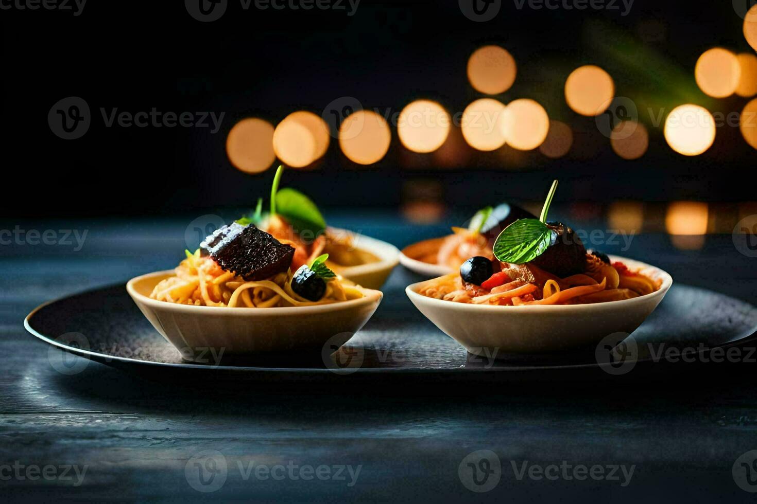 three bowls of food on a table. AI-Generated photo