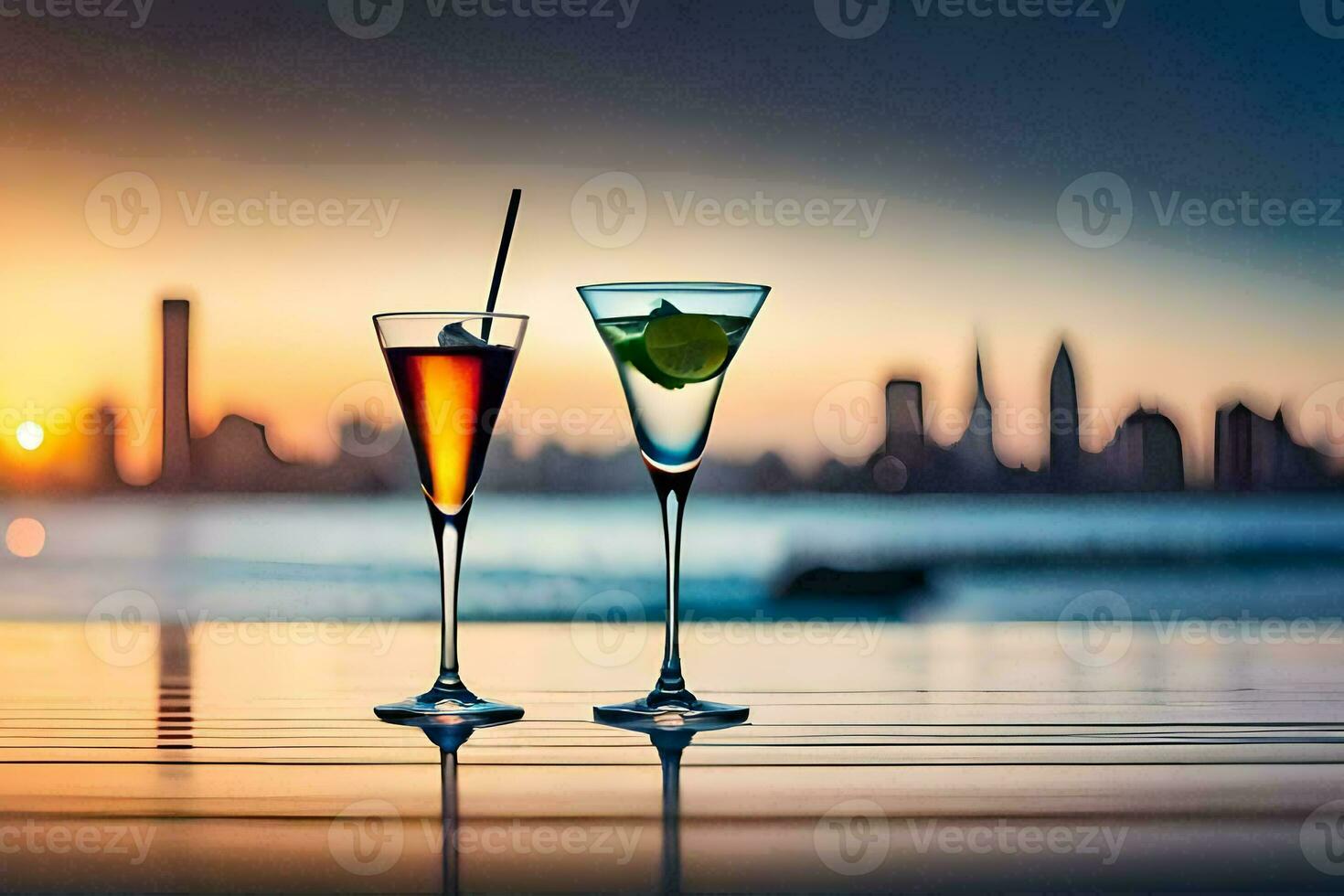 two glasses of cocktails with city skyline in the background. AI-Generated photo