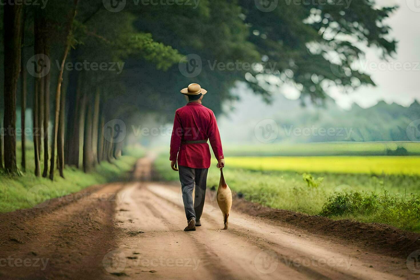 a man walking down a dirt road with a dog. AI-Generated photo