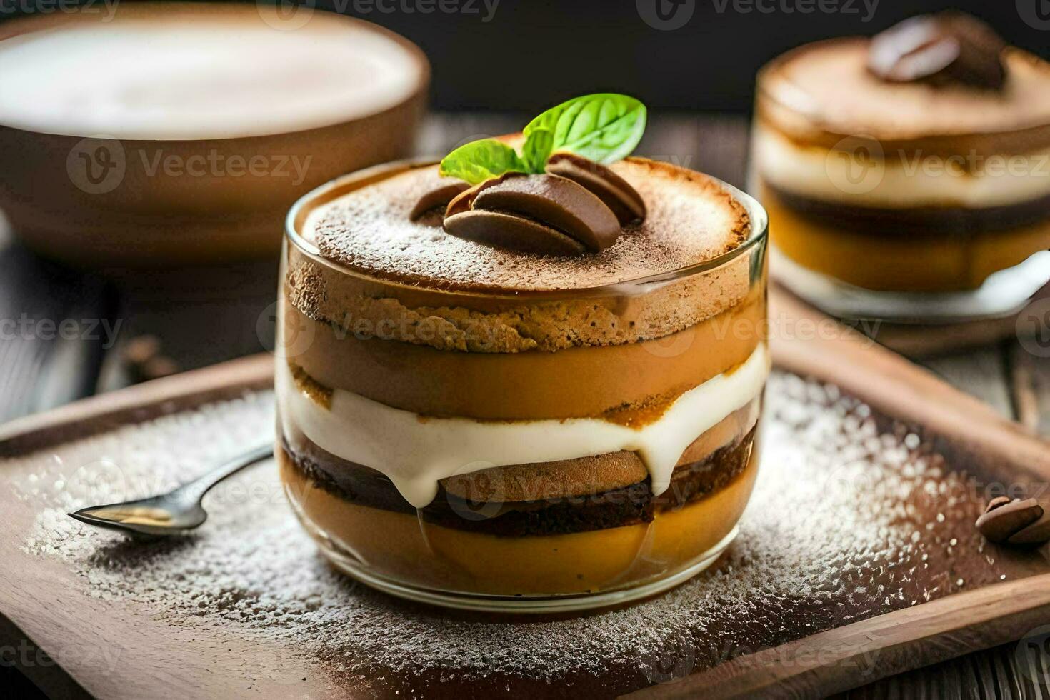 two desserts in glasses with chocolate and coffee. AI-Generated photo