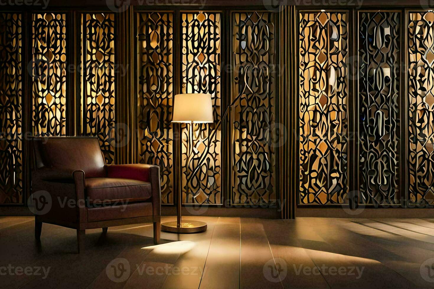 a chair and lamp in front of a wall of glass. AI-Generated photo