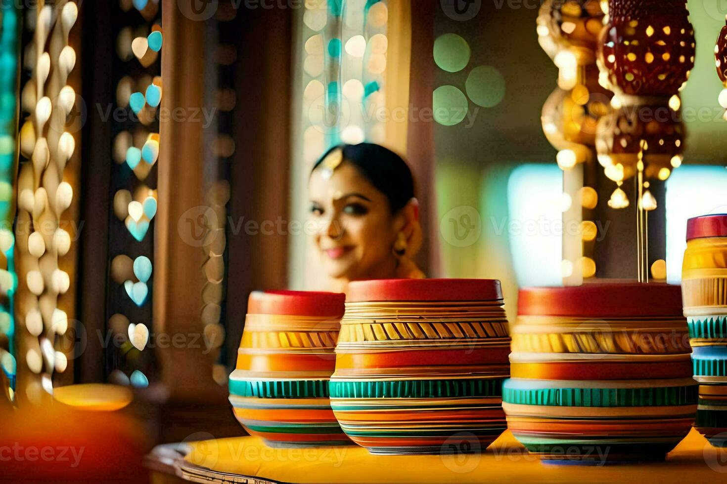 a woman in a colorful dress sitting in front of colorful pots. AI-Generated photo