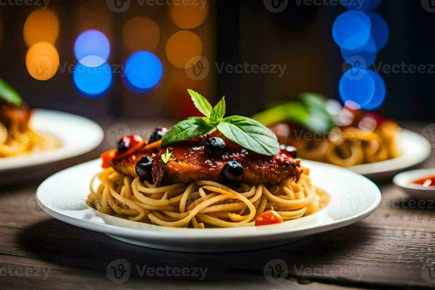 spaghetti with tomato sauce and basil leaves on a plate. AI-Generated photo