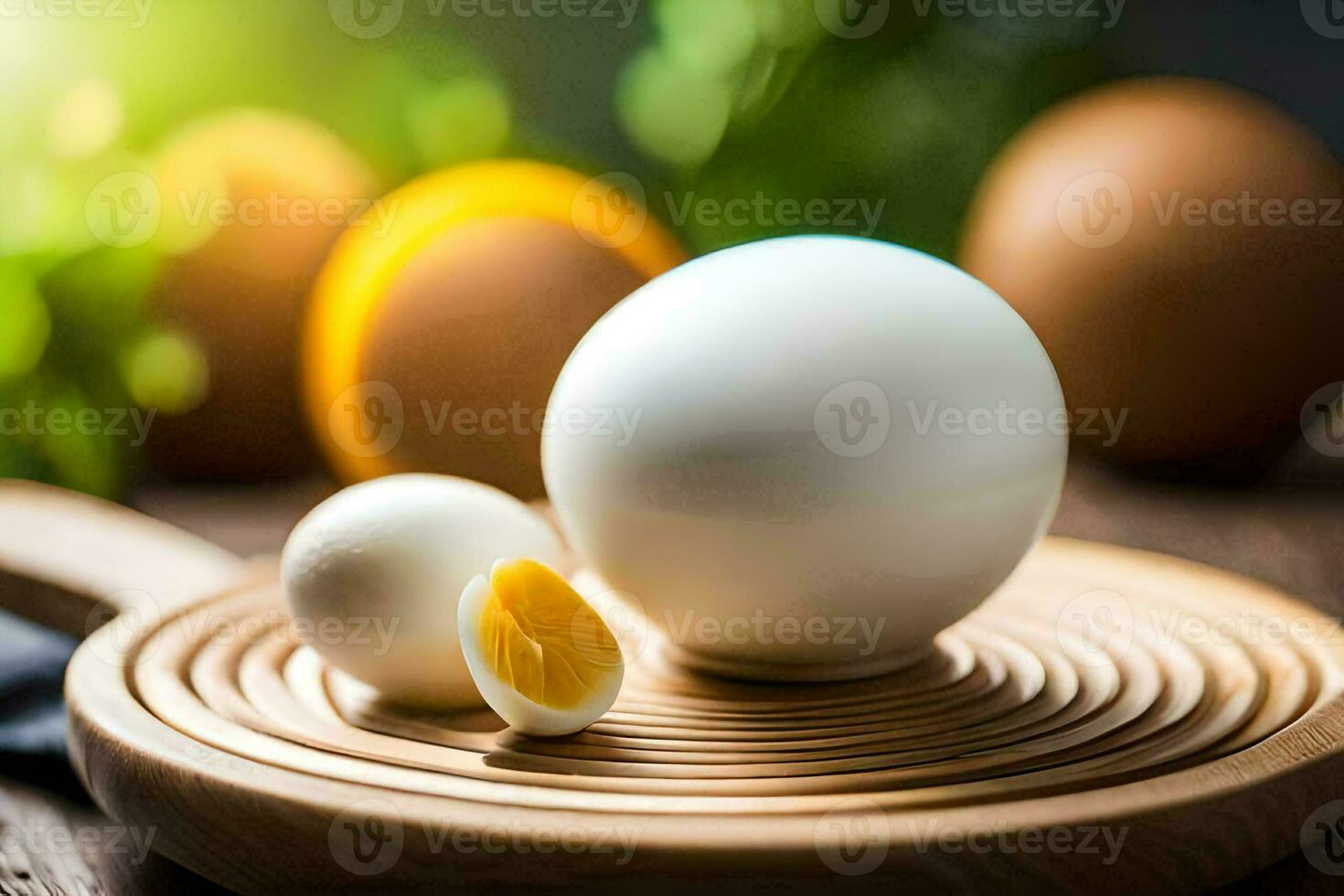 an egg and a half of an egg on a wooden cutting board. AI-Generated photo