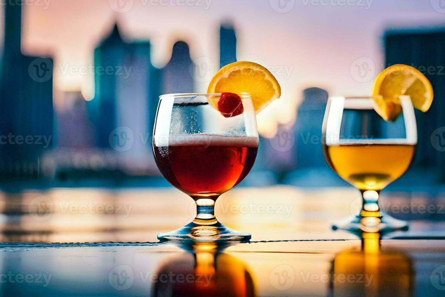 two glasses of alcohol with a city skyline in the background. AI-Generated photo