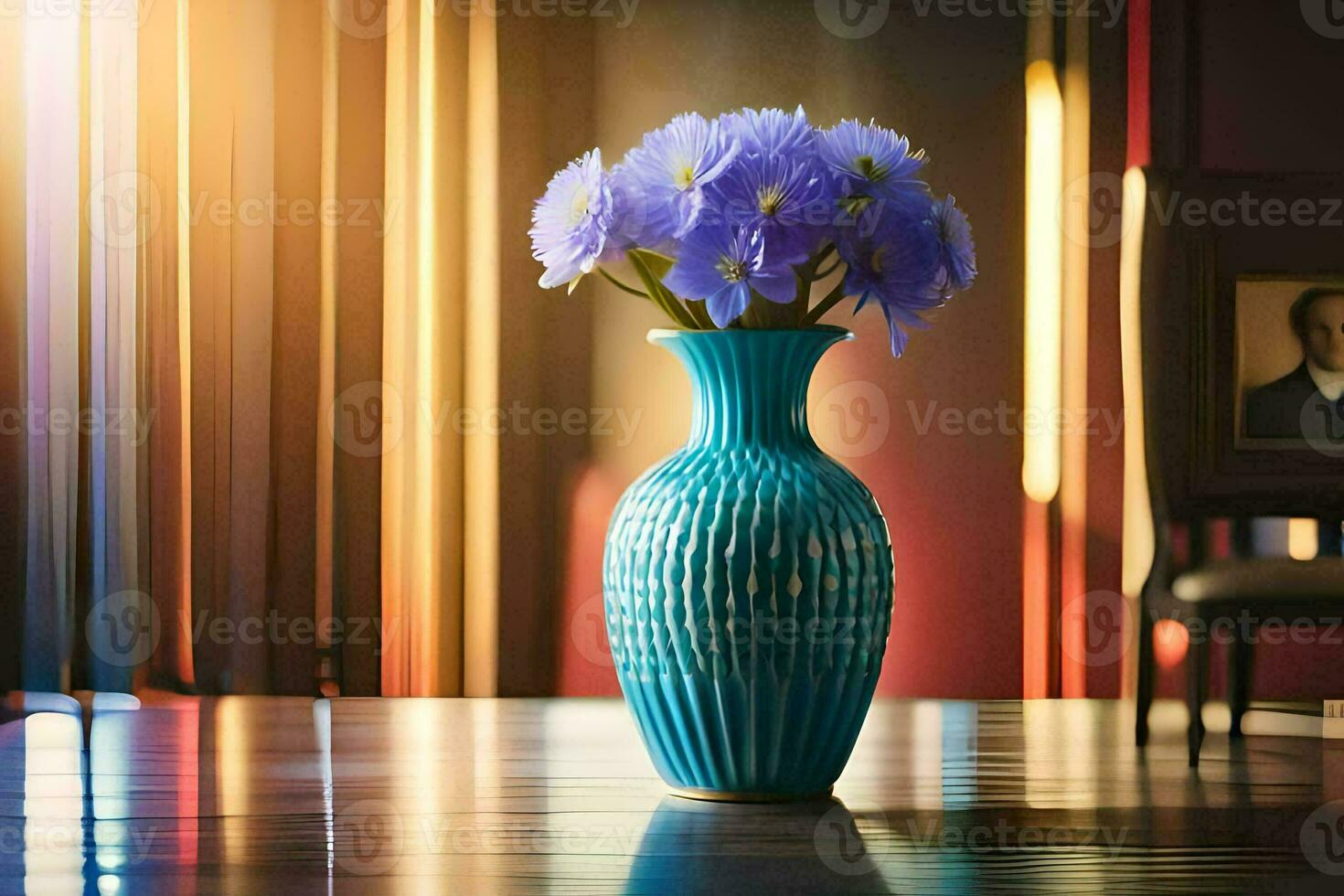 a blue vase with purple flowers sitting on a table. AI-Generated photo