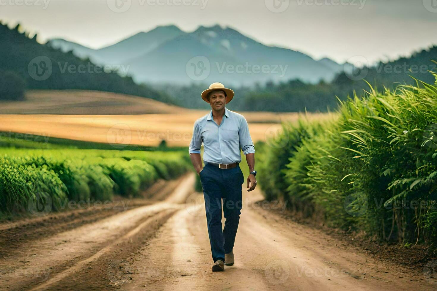a man in a hat walks down a dirt road. AI-Generated photo
