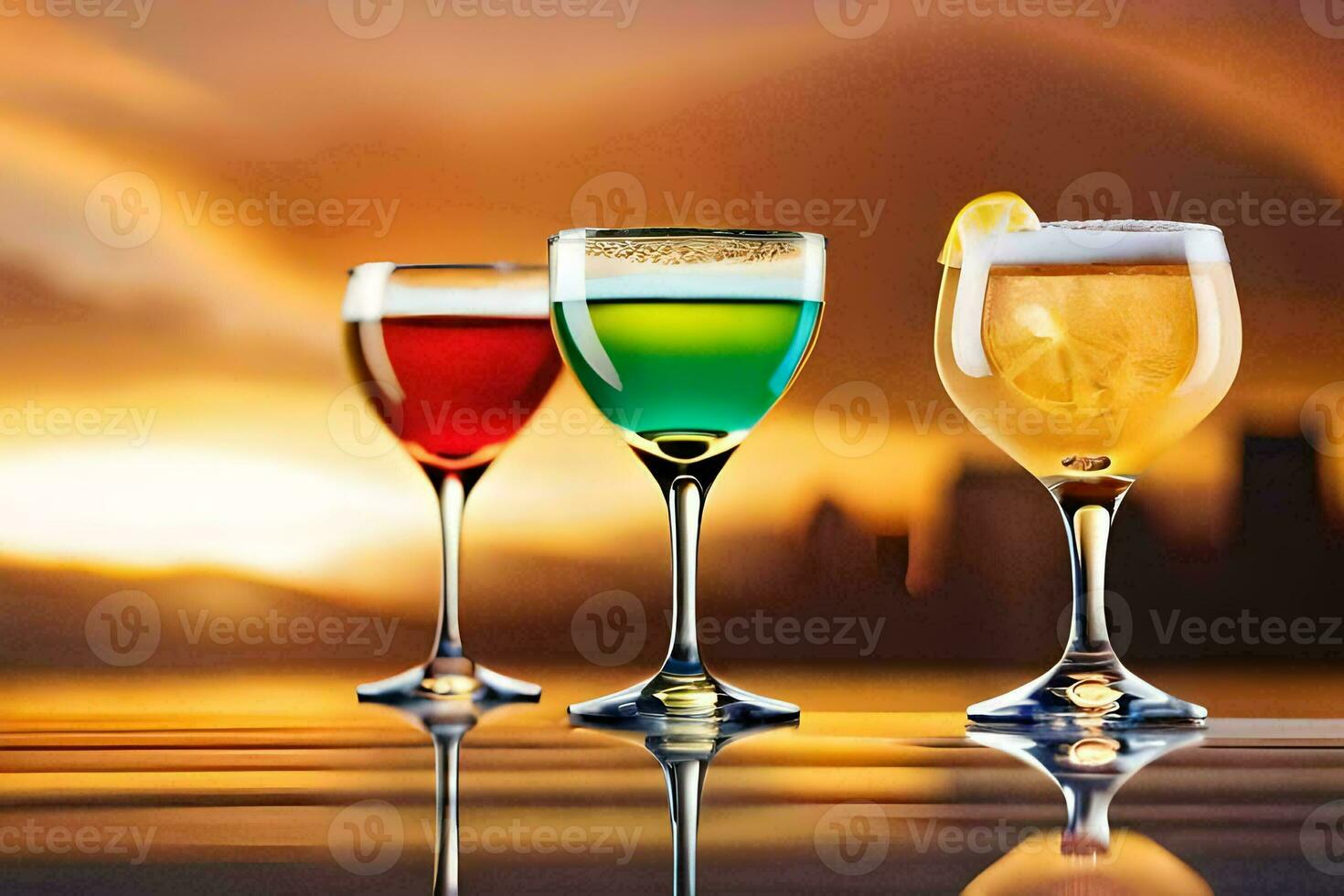 three glasses of different colored drinks on a table. AI-Generated photo
