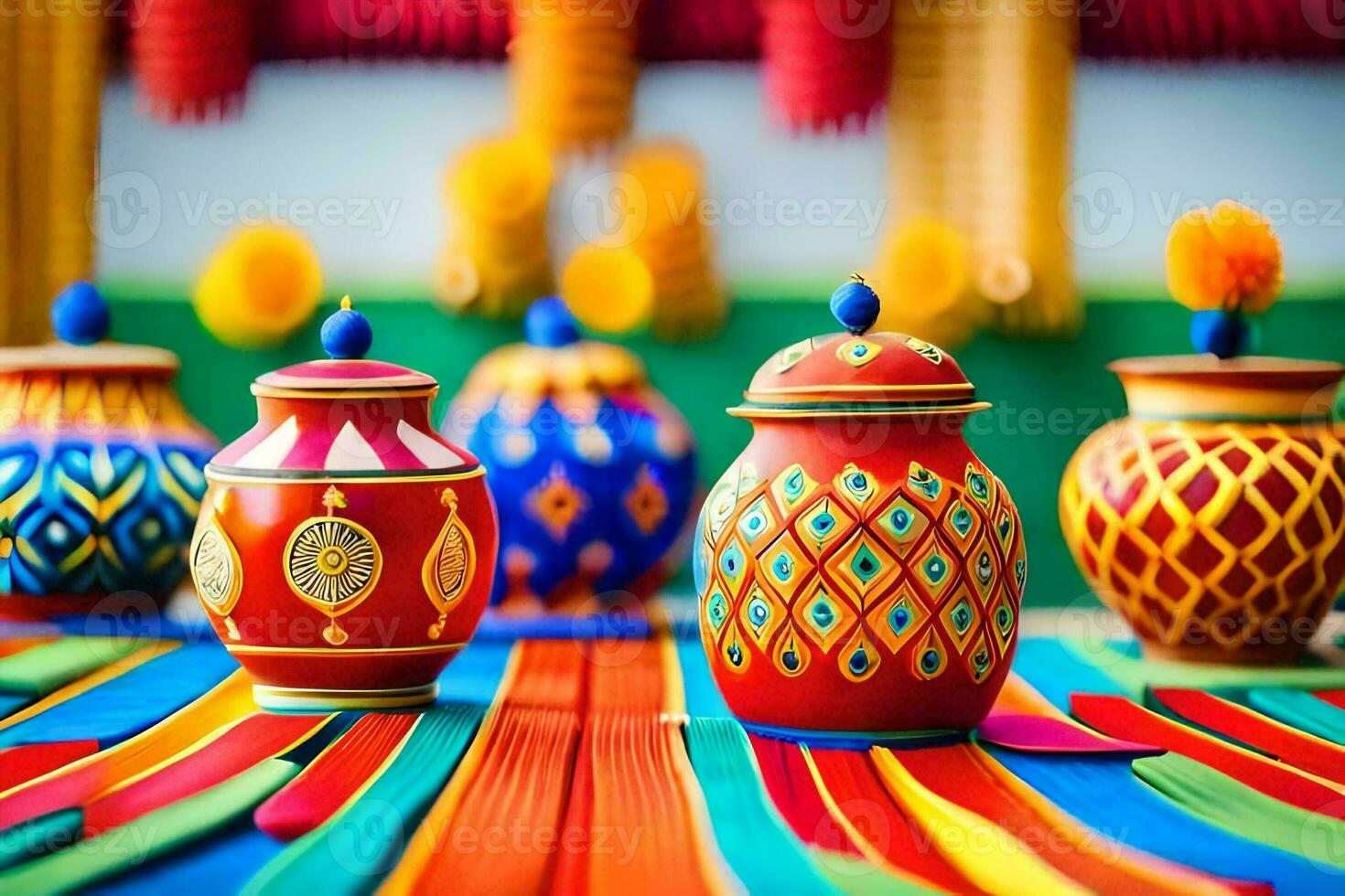 colorful ceramic pots on a table. AI-Generated photo