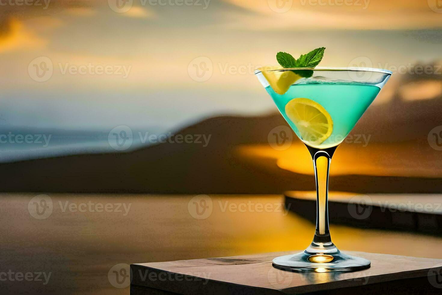 blue cocktail with lemon and mint on the edge of a table. AI-Generated photo