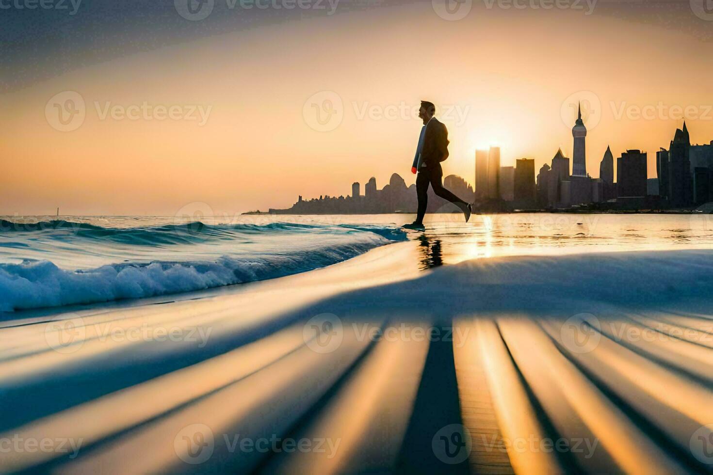 a man walking on the beach at sunset. AI-Generated photo