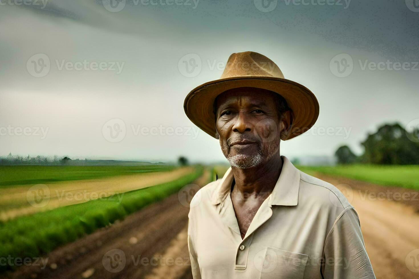 a man in a hat standing in a field. AI-Generated photo