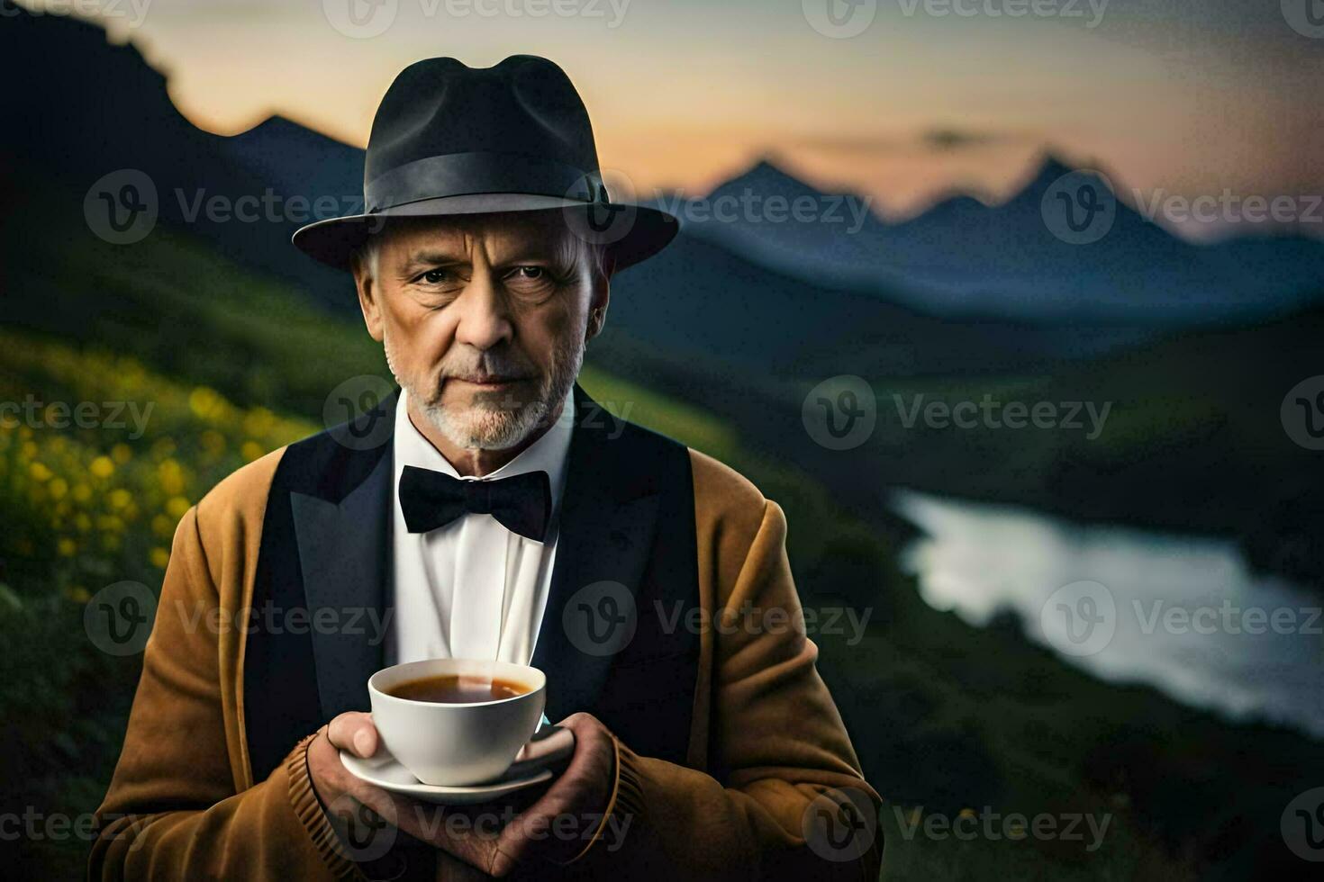 an older man in a hat and jacket holding a cup of coffee. AI-Generated photo