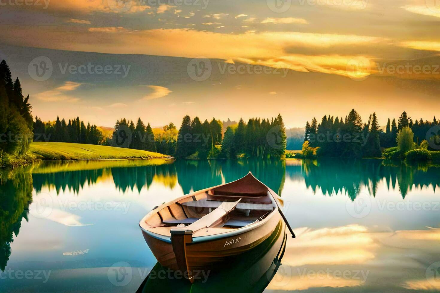 a boat is floating on the calm waters of a lake. AI-Generated photo
