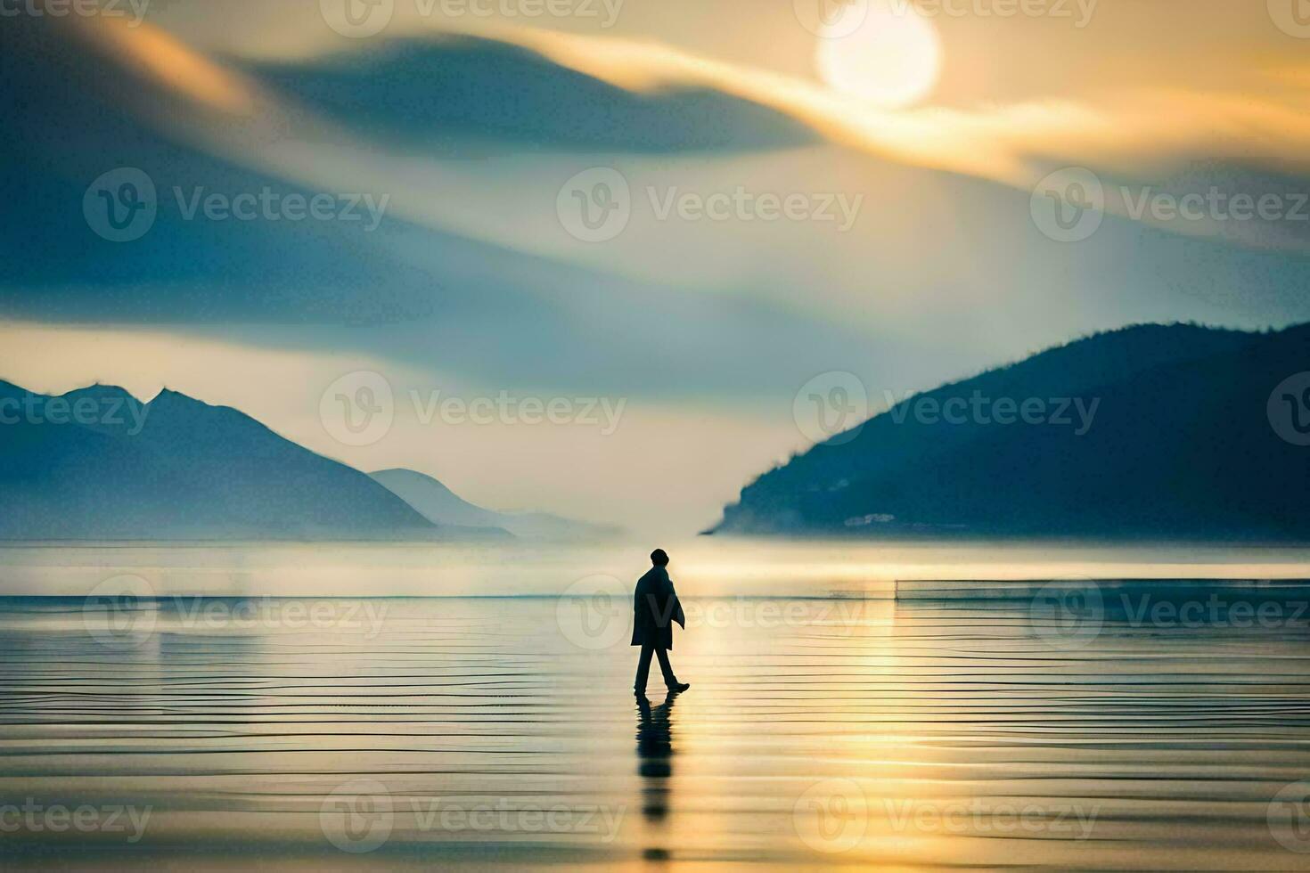 a man walking across the water at sunset. AI-Generated photo