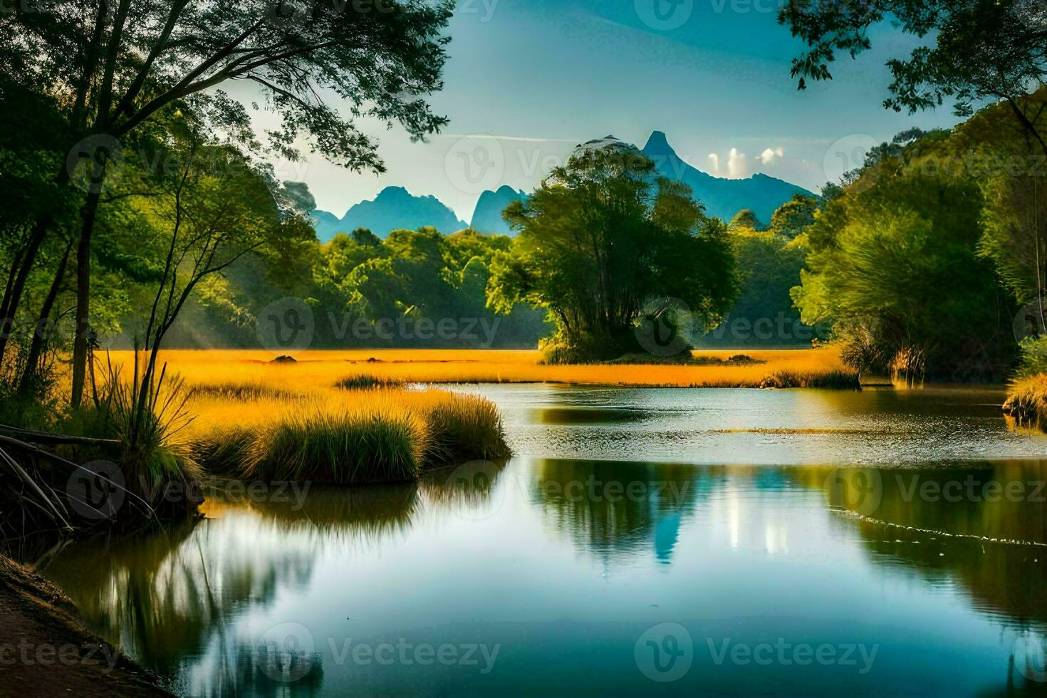 a river with trees and mountains in the background. AI-Generated photo
