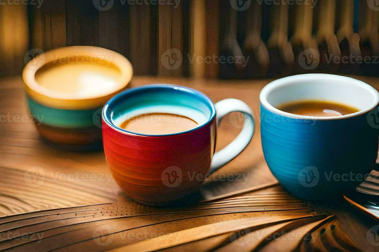 two colorful coffee cups sit on a wooden table. AI-Generated photo
