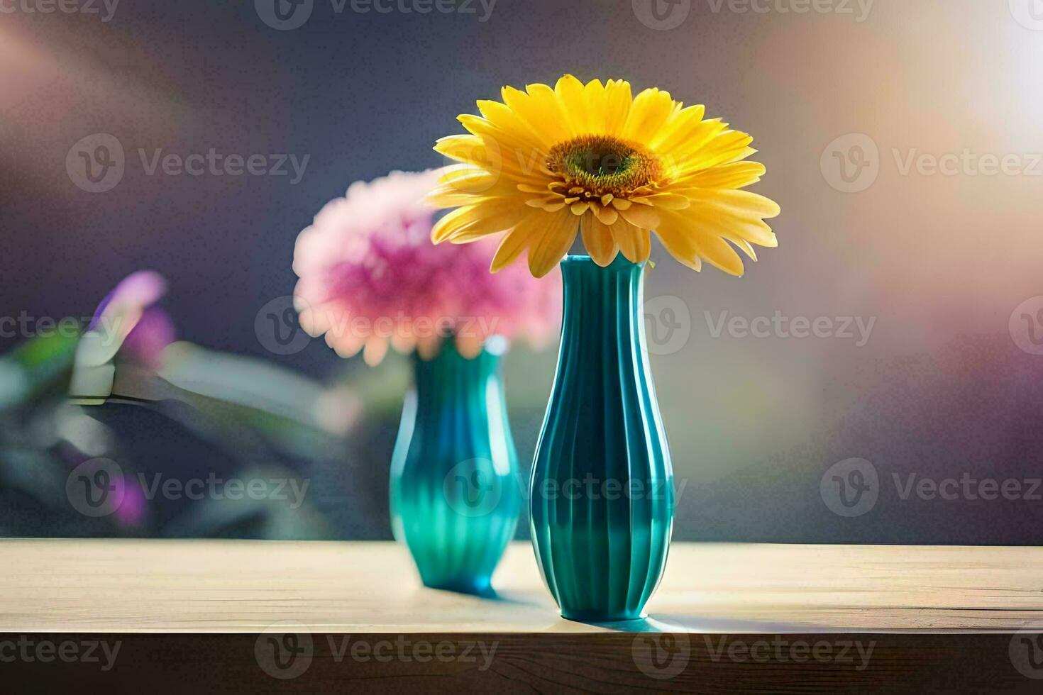 two vases with flowers on a table. AI-Generated photo