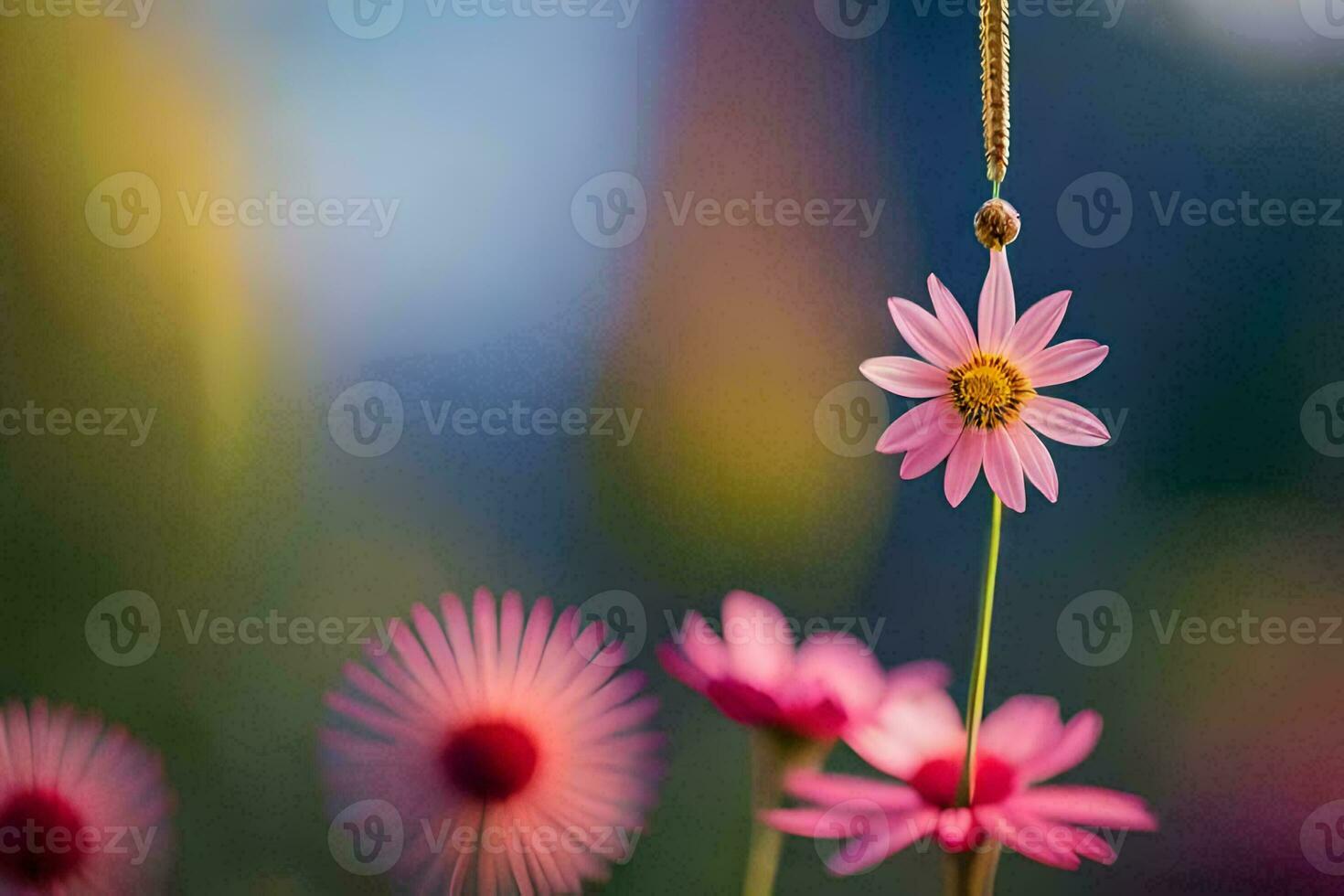 pink flowers hanging from a chain with a blurry background. AI-Generated photo