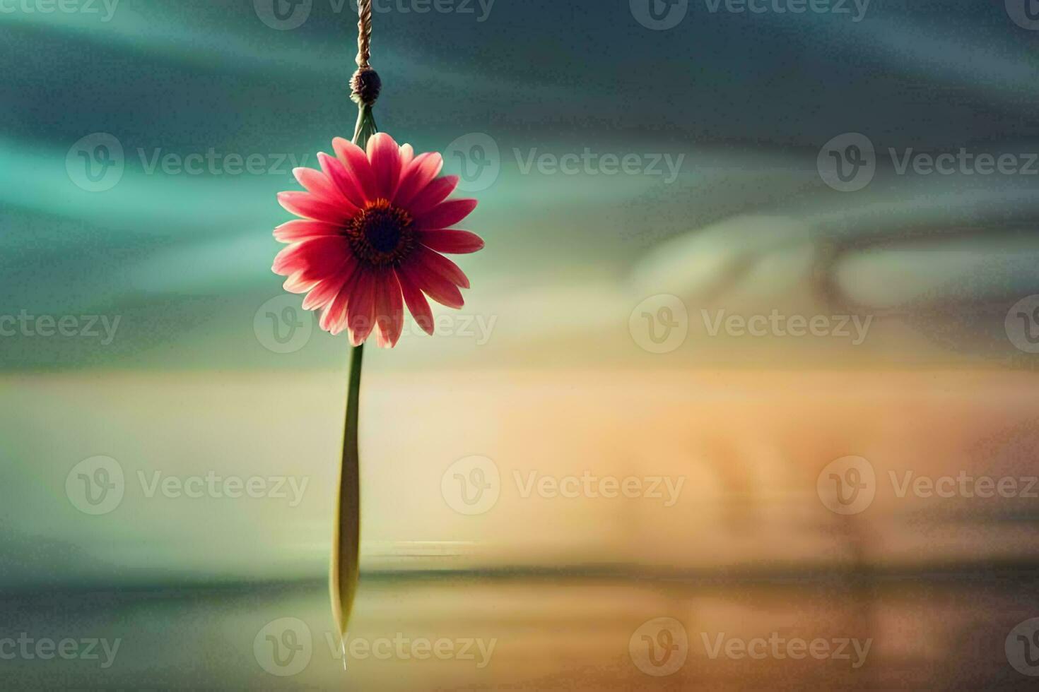 a pink flower hanging from a string in the water. AI-Generated photo