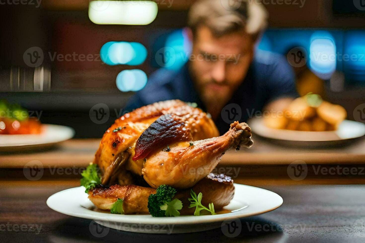 a man is sitting at a table with a roast chicken. AI-Generated photo