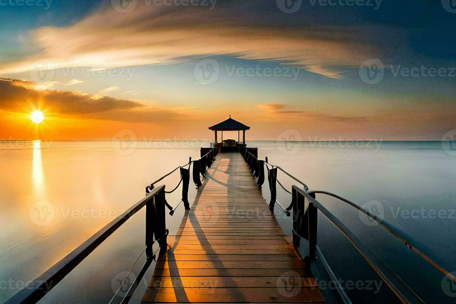 a pier leads to the ocean at sunset. AI-Generated photo