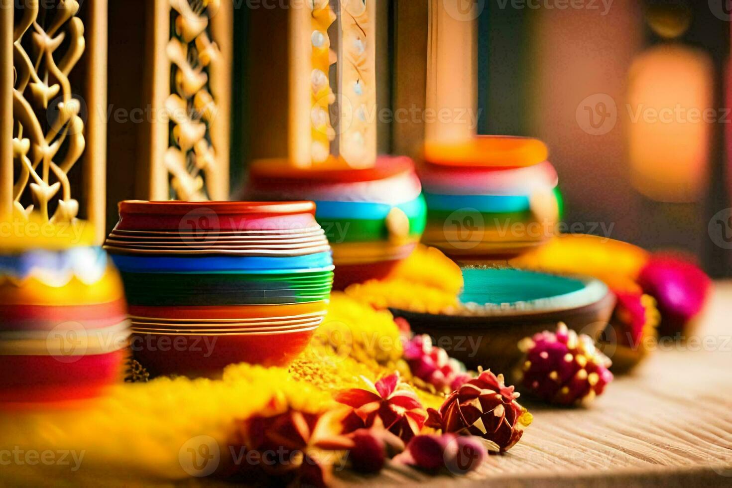 colorful pots and bowls sit on a table. AI-Generated photo