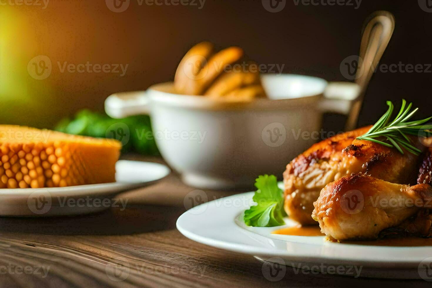 chicken with a sauce and bread on a plate. AI-Generated photo