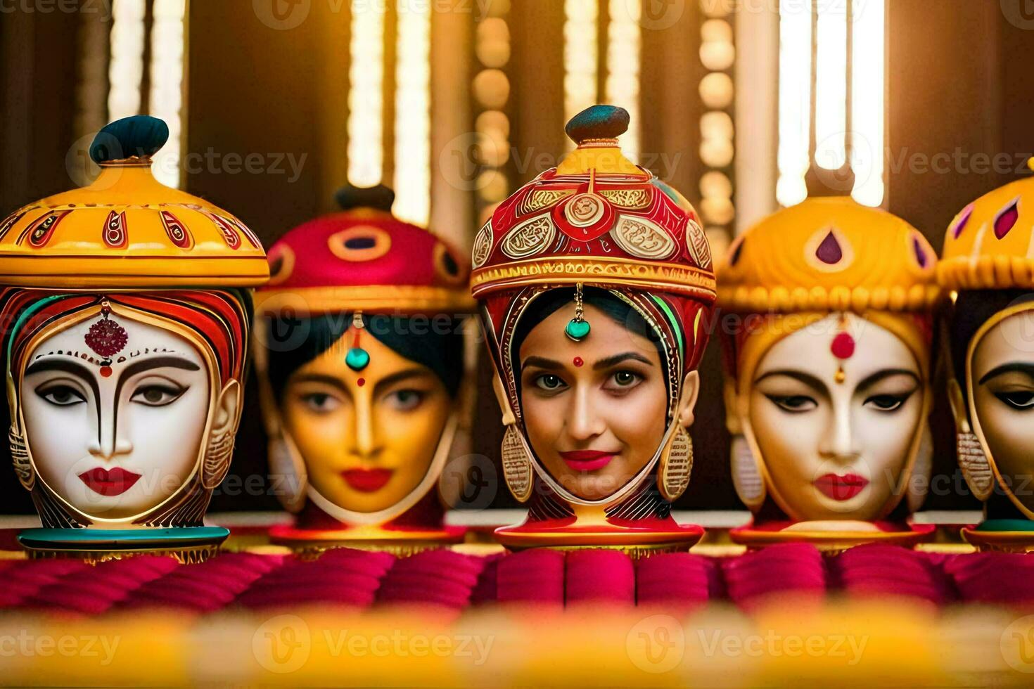 a row of colorful masks with different faces. AI-Generated photo