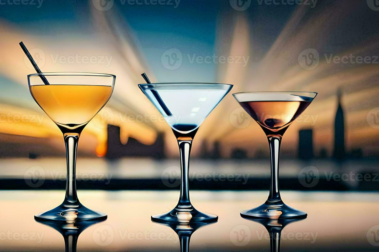 three glasses of cocktails on a table with a city skyline in the background. AI-Generated photo