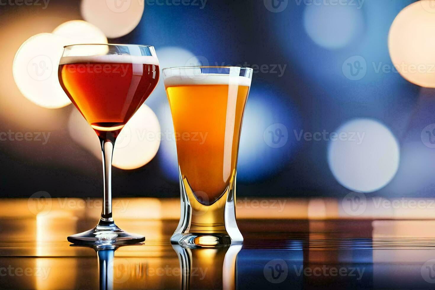 two glasses of beer on a table with a blurred background. AI-Generated photo