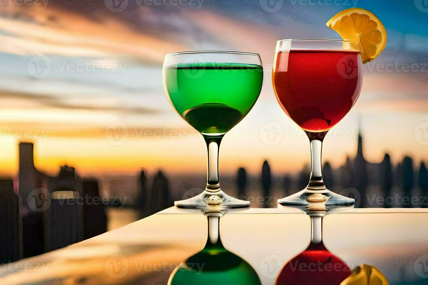 two glasses of colored drinks with a city skyline in the background. AI-Generated photo