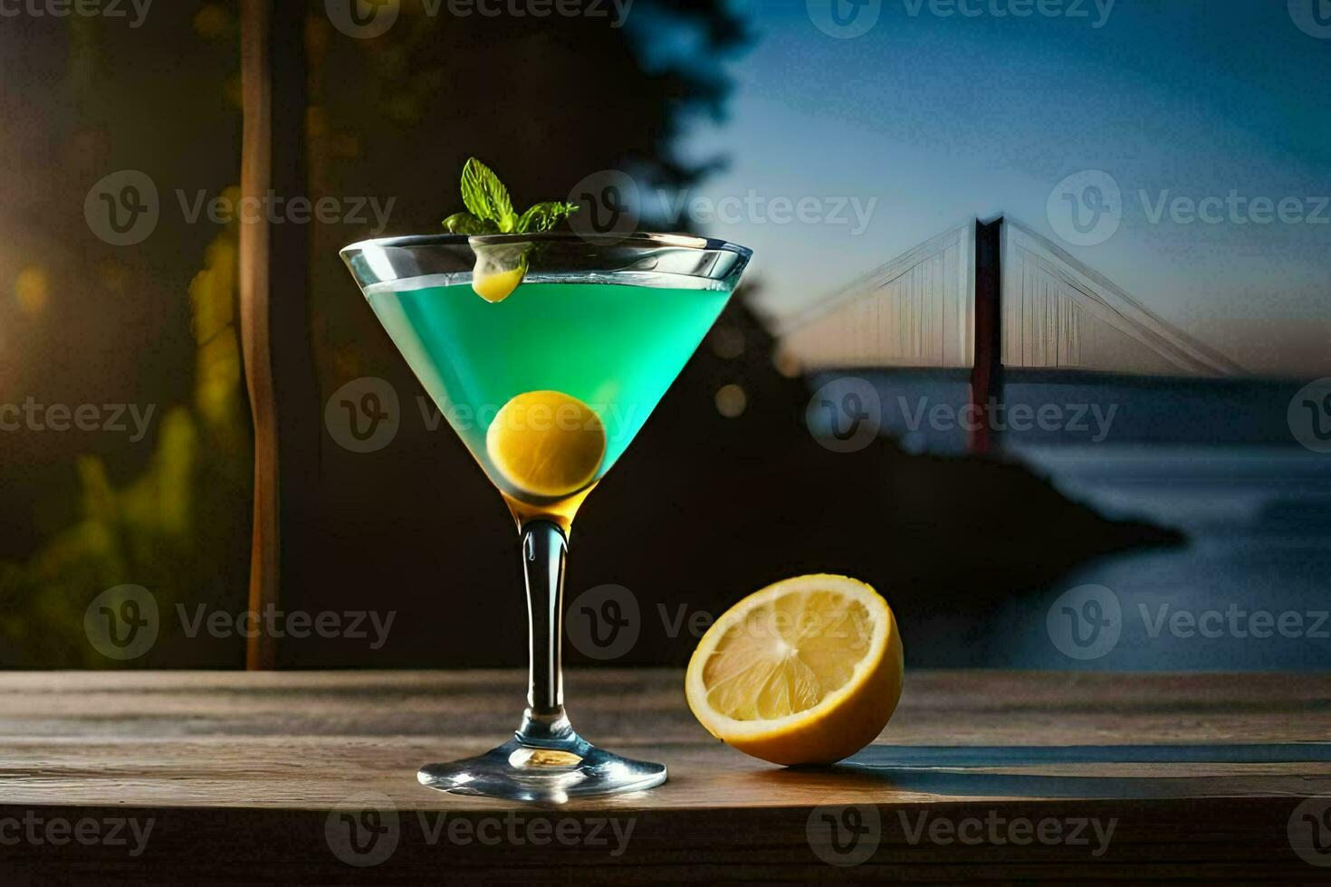 a blue cocktail with a lemon slice on the rim. AI-Generated photo