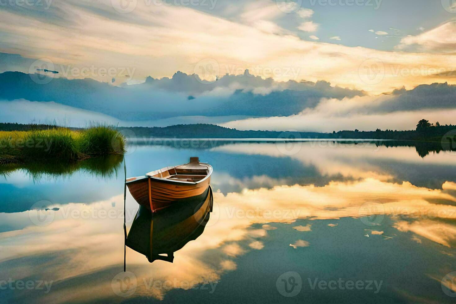 a boat sits on the calm water at sunset. AI-Generated photo