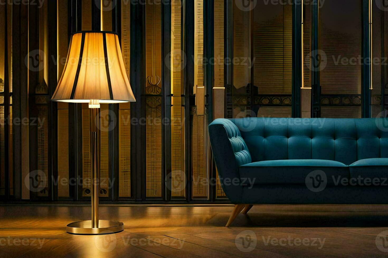 a blue couch and lamp in a room. AI-Generated photo