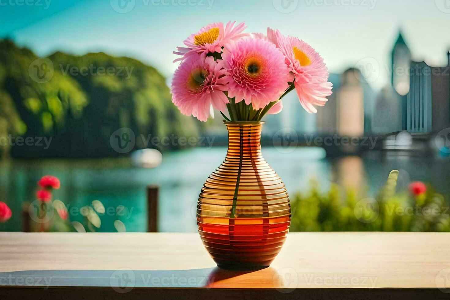 pink flowers in a vase on a table near a river. AI-Generated photo