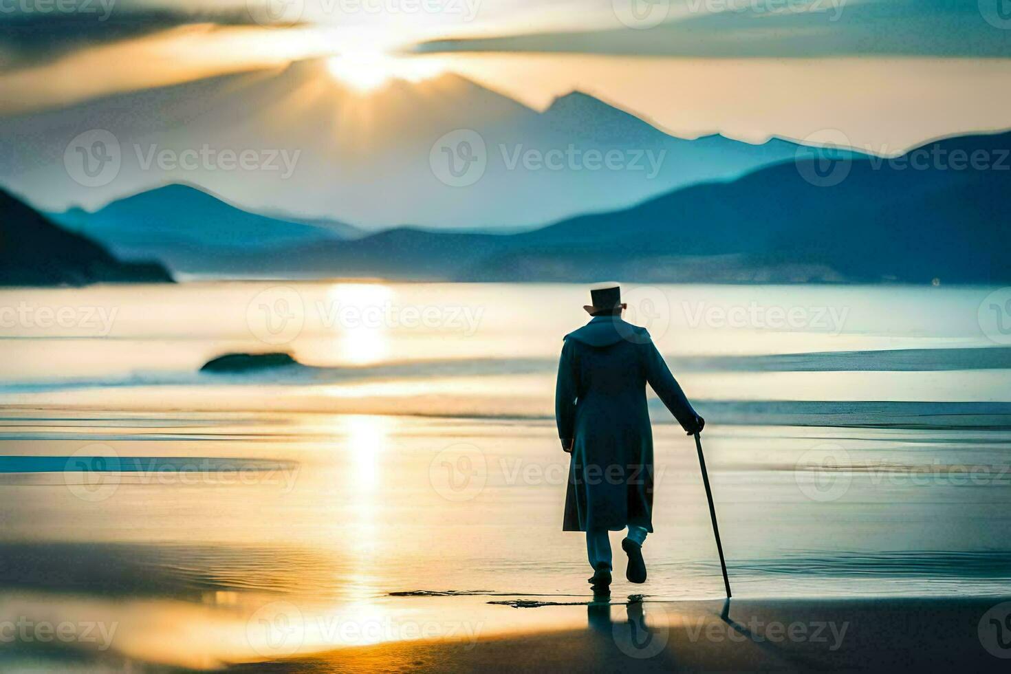 a man walking on the beach at sunset. AI-Generated photo