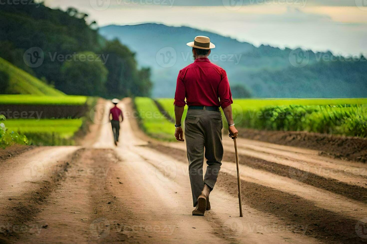 a man walking down a dirt road with a cane. AI-Generated photo